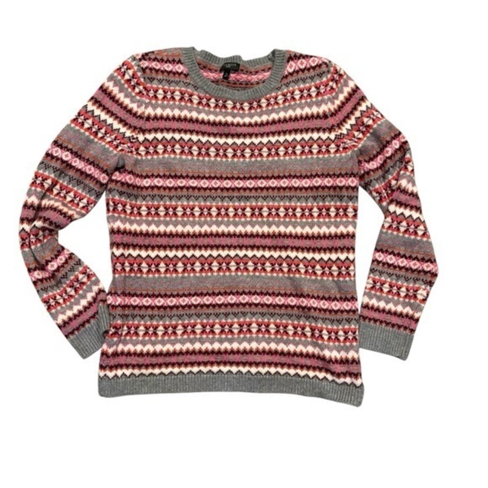 Talbots Nordic fair isle multicolor gray red pullover lambswool blend sweater